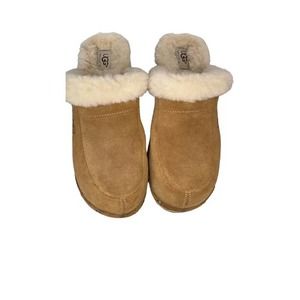 Ugg Kalie Clogs Mules Fur Shearling Wood Heel Slides Tan Leather Sheepskin Suede